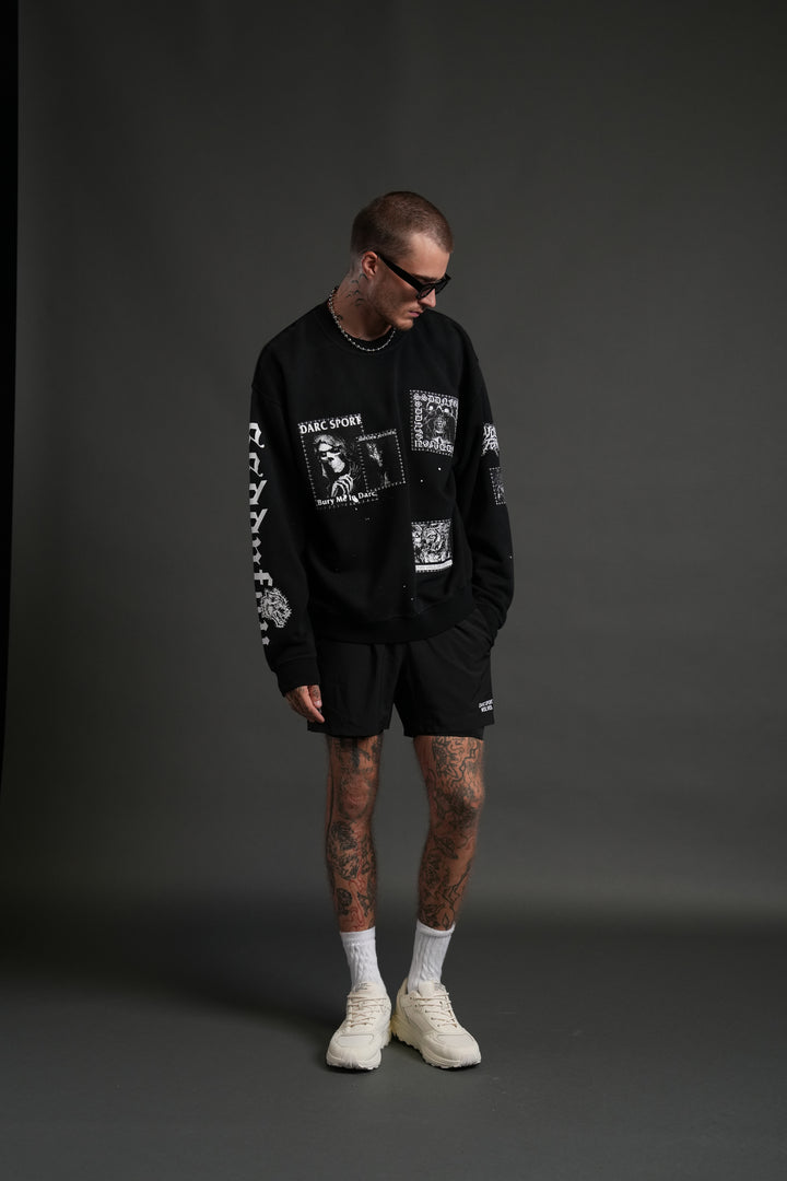 Stitched In London Unisex Crewneck in Black Vandal Wash