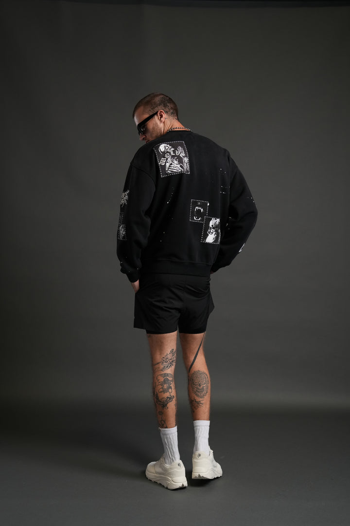 Stitched In London Unisex Crewneck in Black Vandal Wash