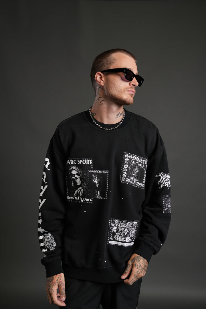 Stitched In London Unisex Crewneck in Black Vandal Wash