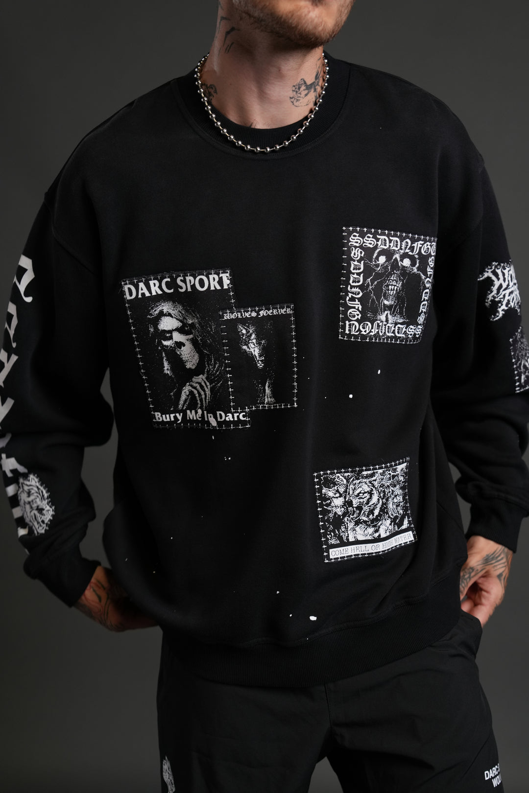 Stitched In London Unisex Crewneck in Black Vandal Wash