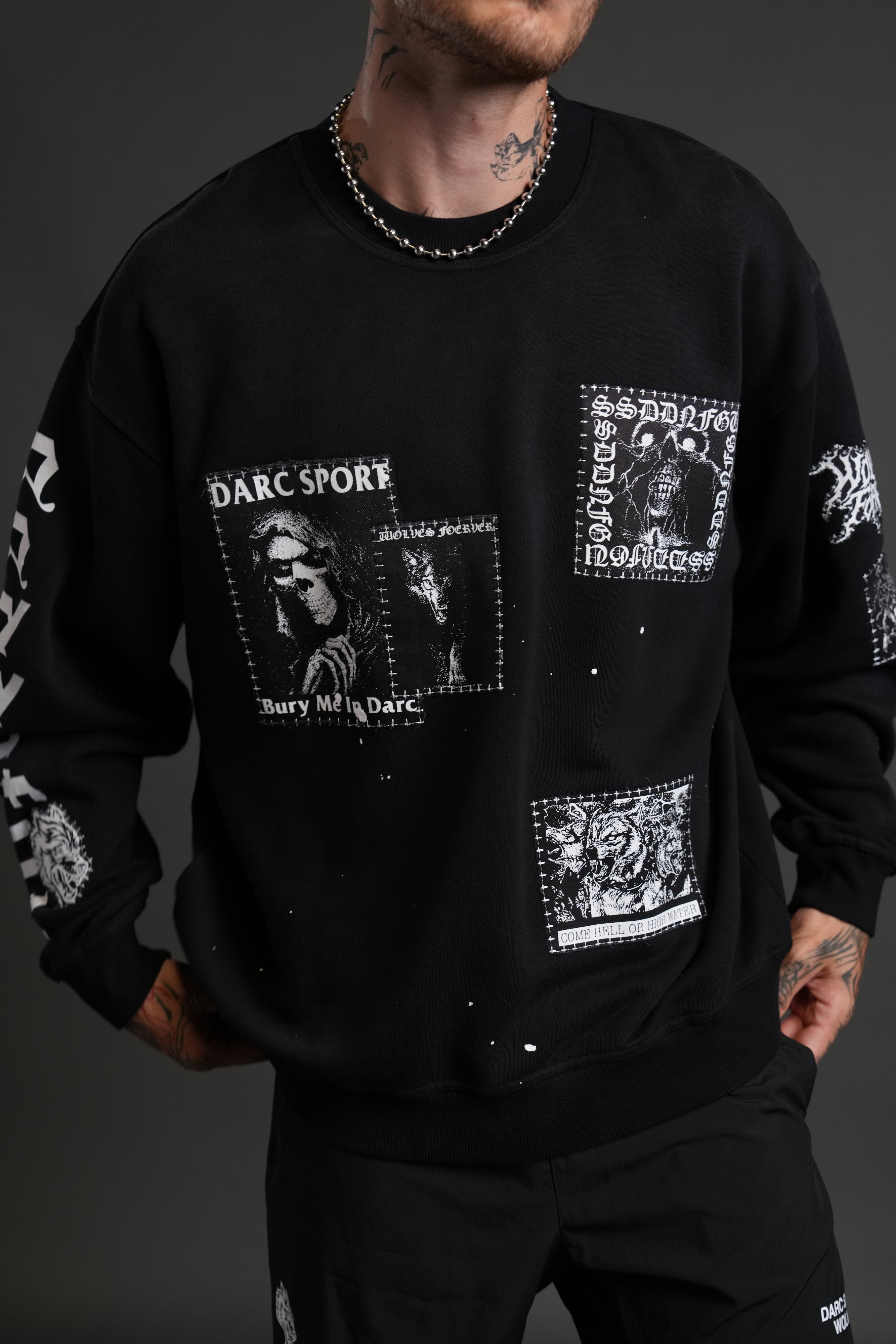 Stitched In London Unisex Crewneck in Black Vandal Wash