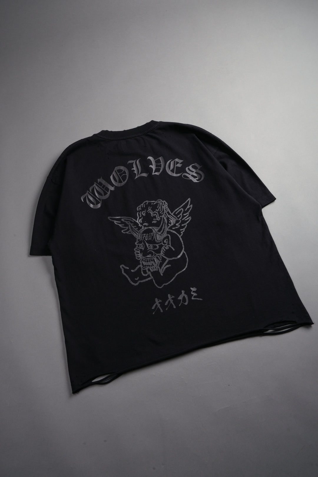 Wolves Oni Cherub Distressed Grunge Unisex Tee in Black