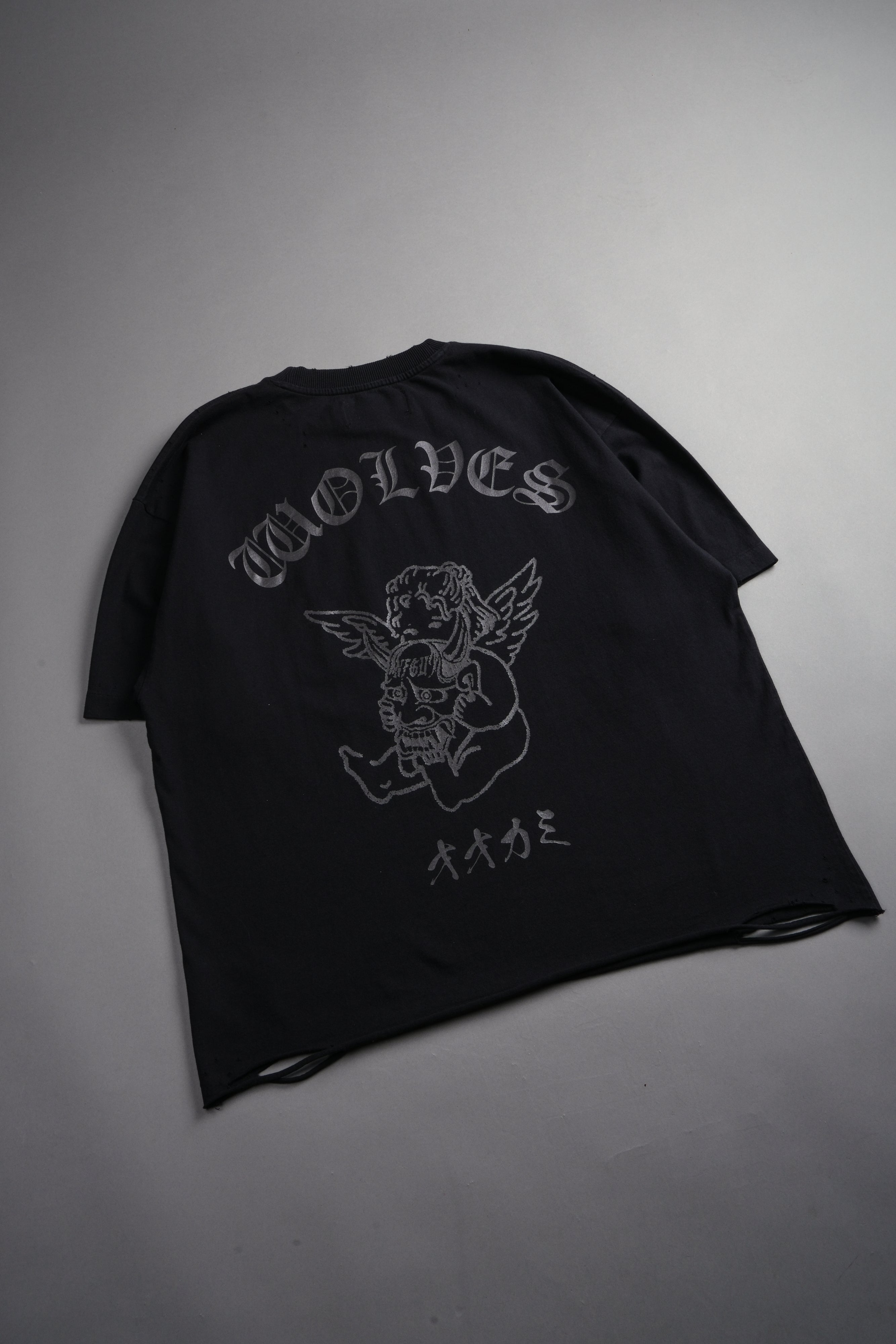 Wolves Oni Cherub Distressed Grunge Unisex Tee in Black