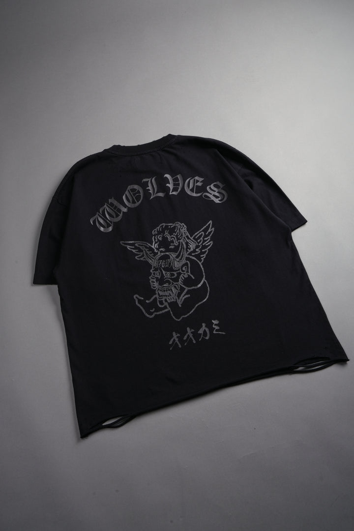 Wolves Oni Cherub Distressed Grunge Unisex Tee in Black