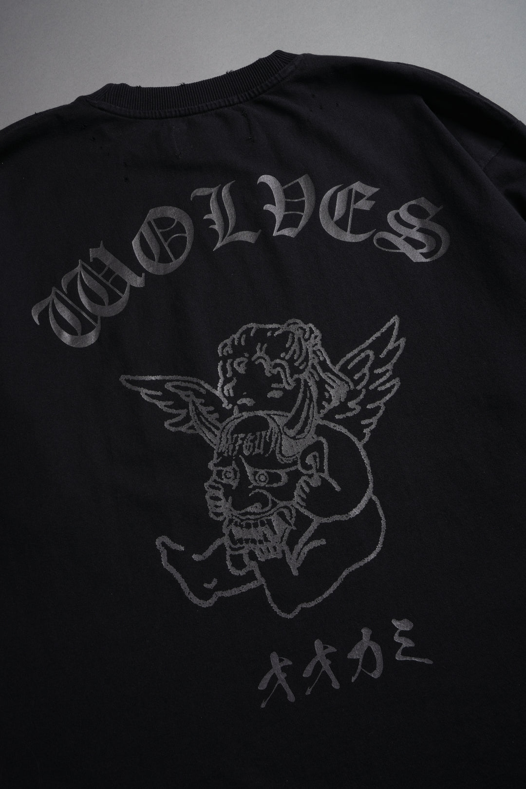 Wolves Oni Cherub Distressed Grunge Unisex Tee in Black
