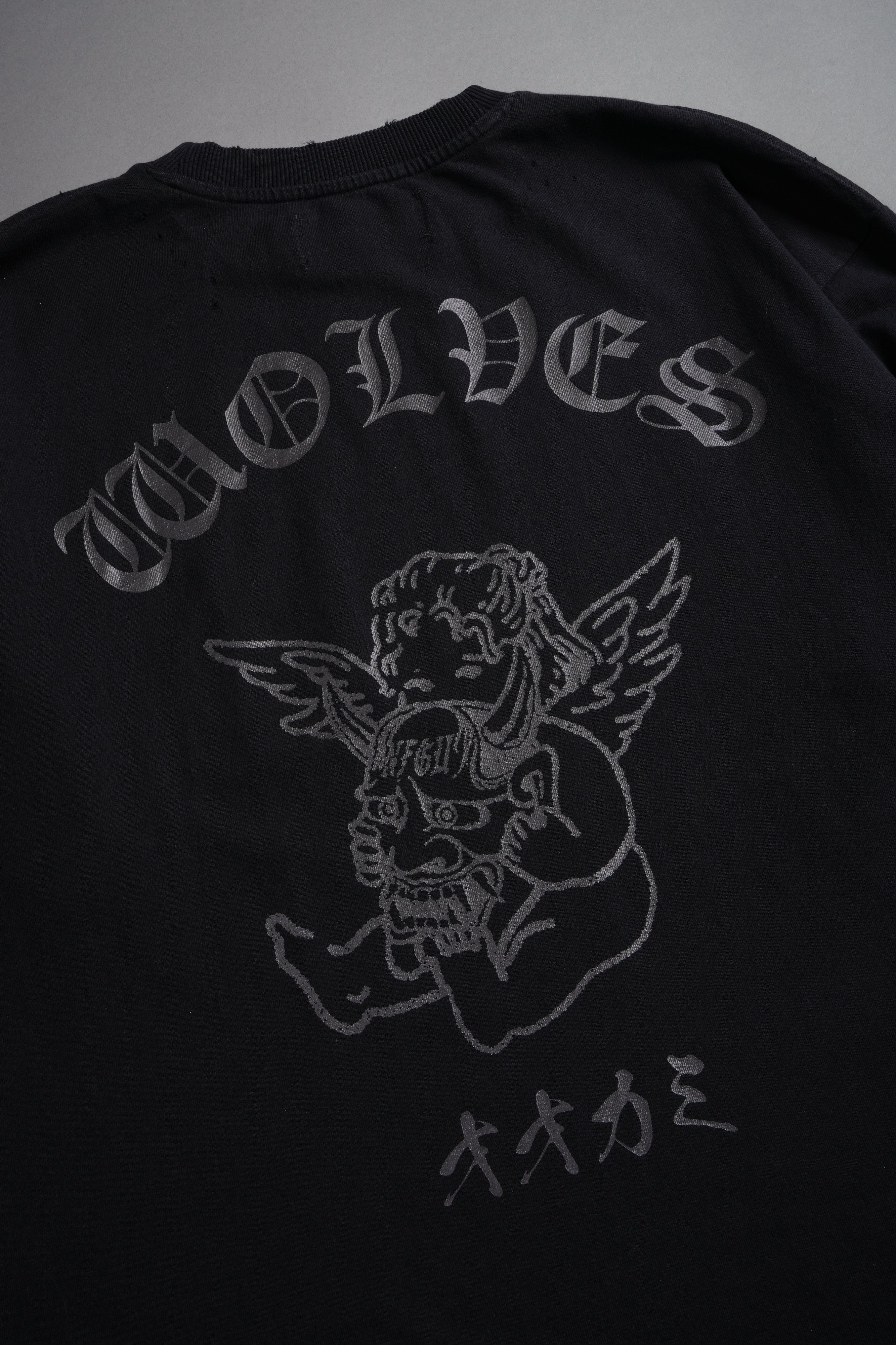 Wolves Oni Cherub Distressed Grunge Unisex Tee in Black
