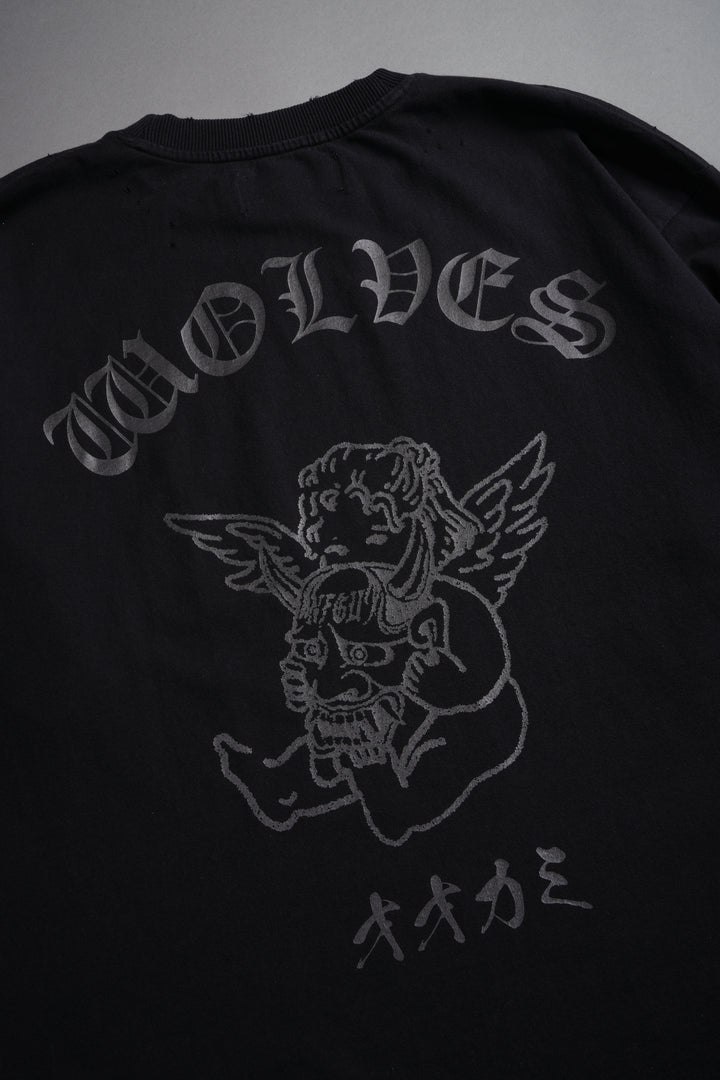 Wolves Oni Cherub Distressed Grunge Unisex Tee in Black