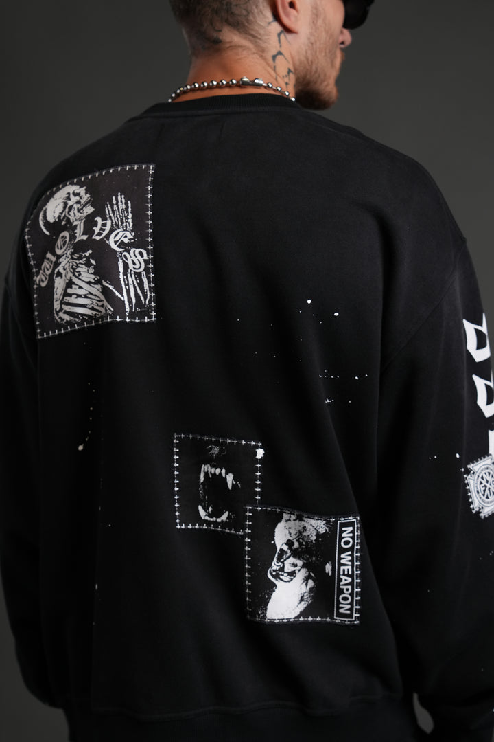 Stitched In London Unisex Crewneck in Black Vandal Wash