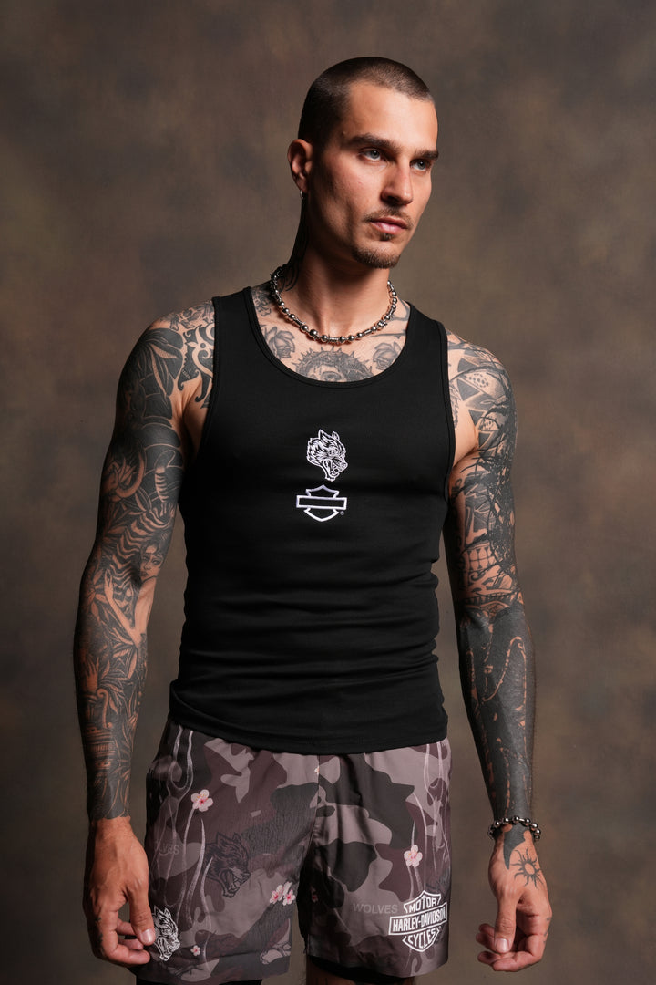 Bar Wolf Ribbed Tank in Black