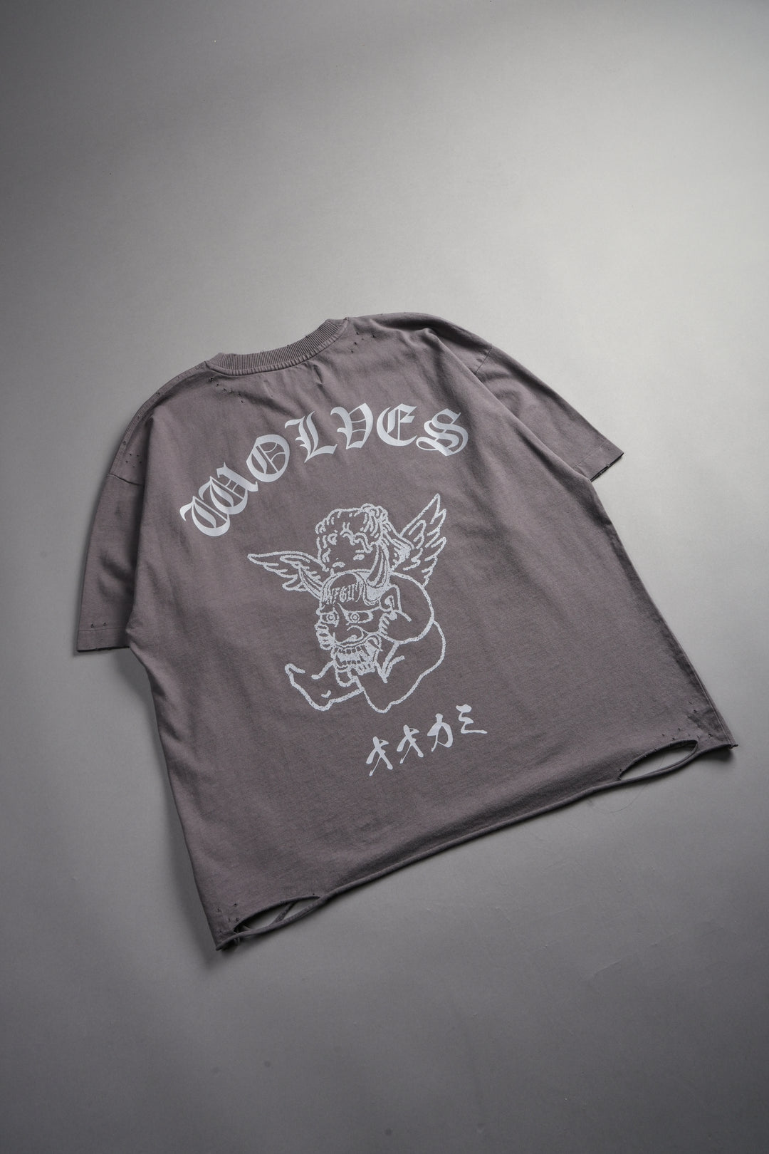 Wolves Oni Cherub Distressed Grunge Unisex Tee in Slate Gray