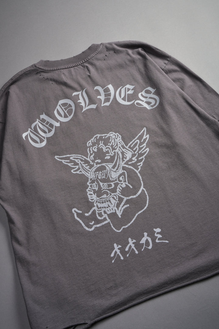 Wolves Oni Cherub Distressed Grunge Unisex Tee in Slate Gray
