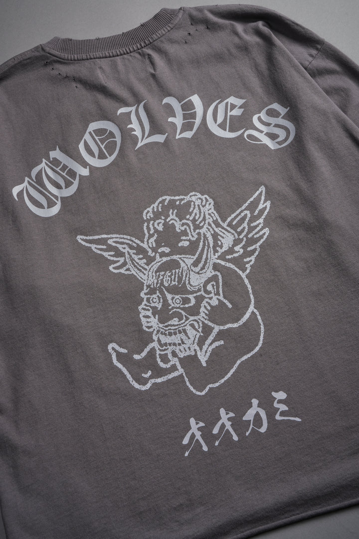 Wolves Oni Cherub Distressed Grunge Unisex Tee in Slate Gray