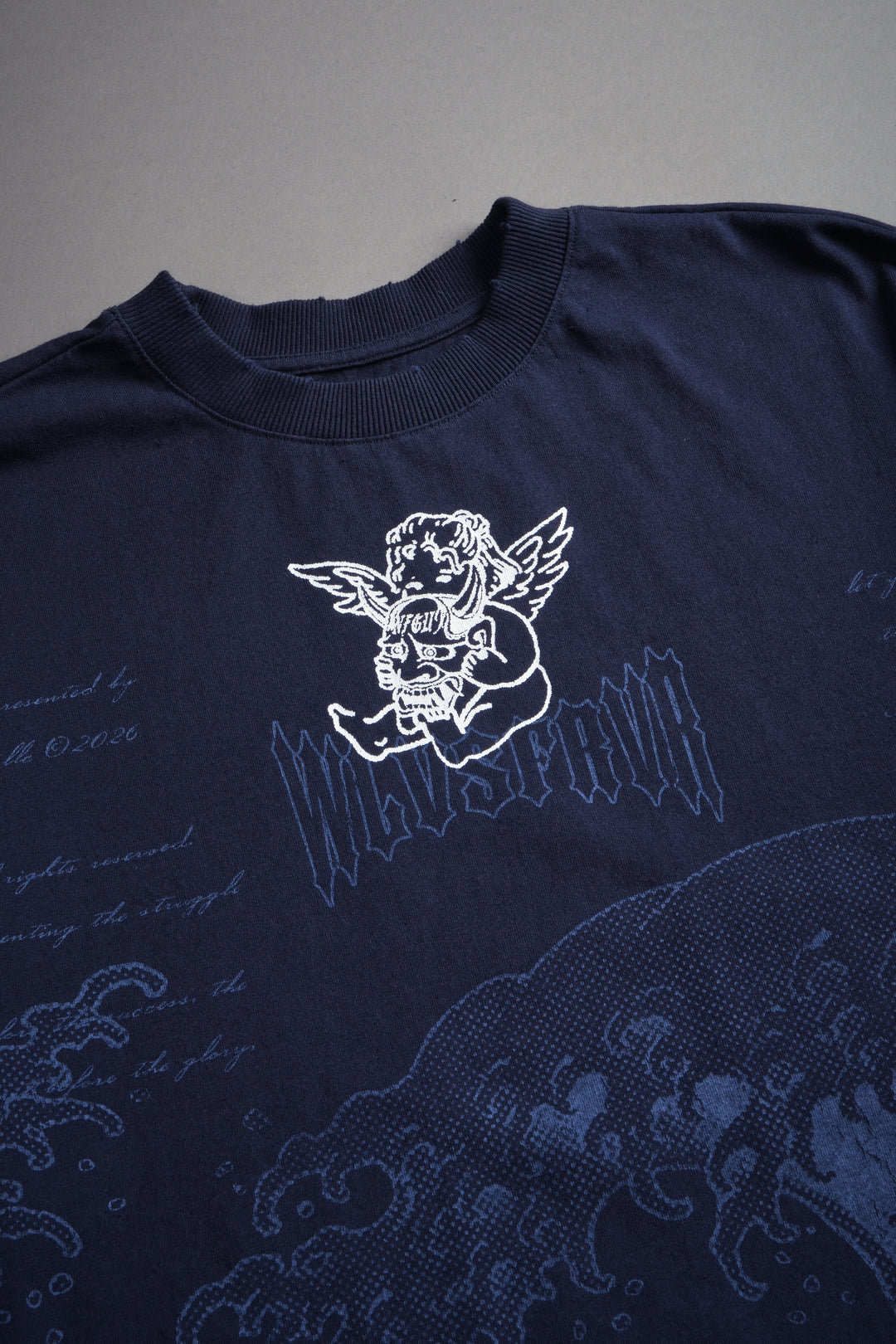 The Great Wave Distressed Grunge Box Cut Tee V2 in Navy