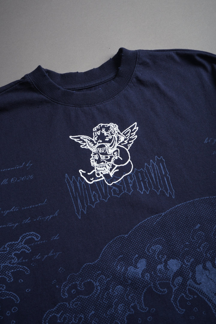 The Great Wave Distressed Grunge Box Cut Tee V2 in Navy