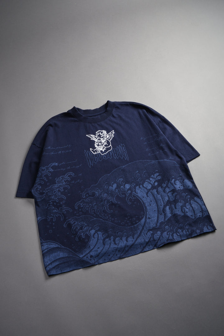 The Great Wave Distressed Grunge Box Cut Tee V2 in Navy