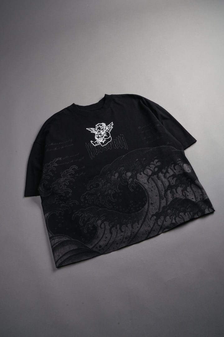 The Great Wave Distressed Grunge Box Cut Tee V2 in Black
