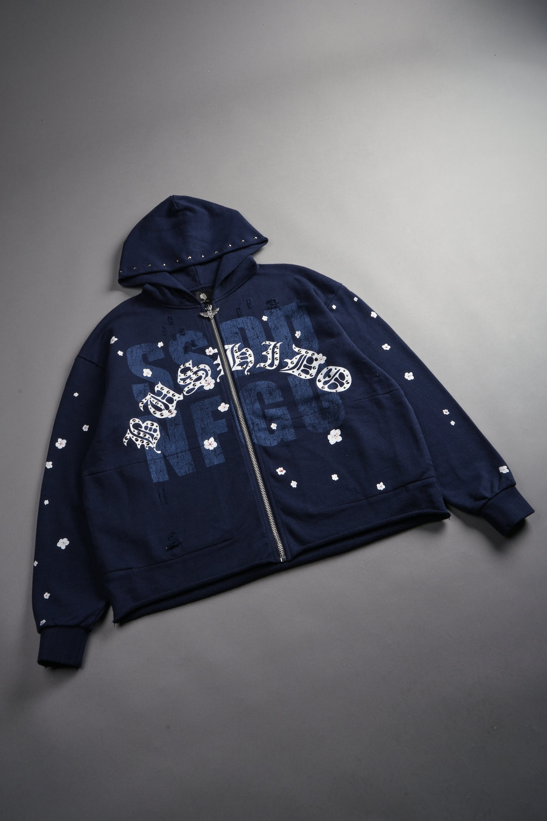 Ssddnfgu Bushido Distressed Grunge Mid Length Raw Hem Zip Hoodie in Navy