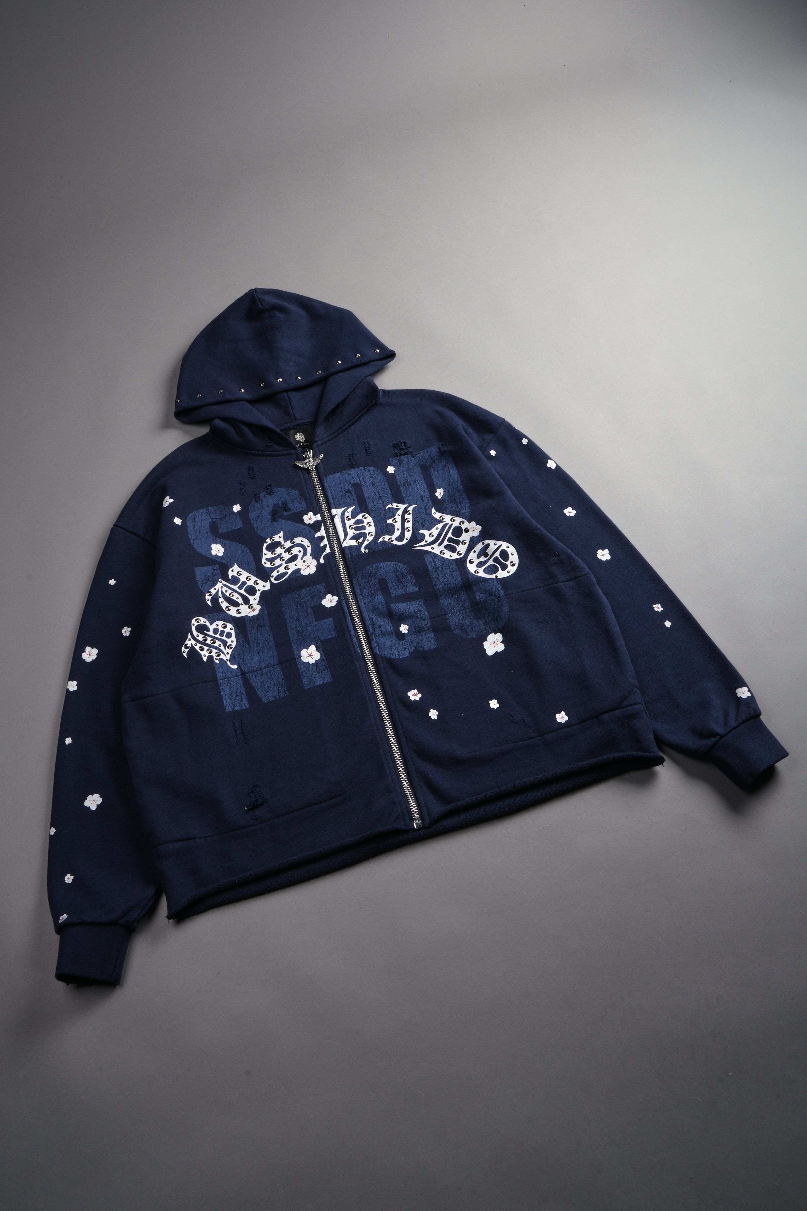 Ssddnfgu Bushido Distressed Grunge Mid Length Raw Hem Zip Hoodie in Navy