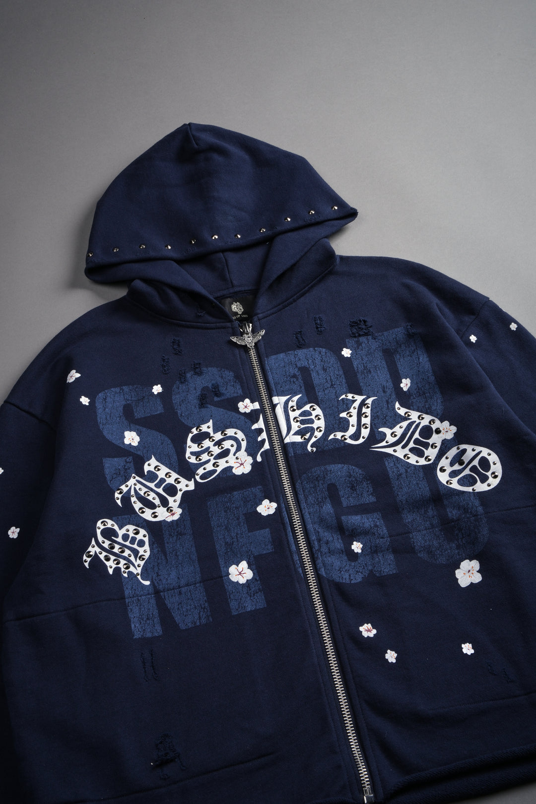 Ssddnfgu Bushido Distressed Grunge Mid Length Raw Hem Zip Hoodie in Navy