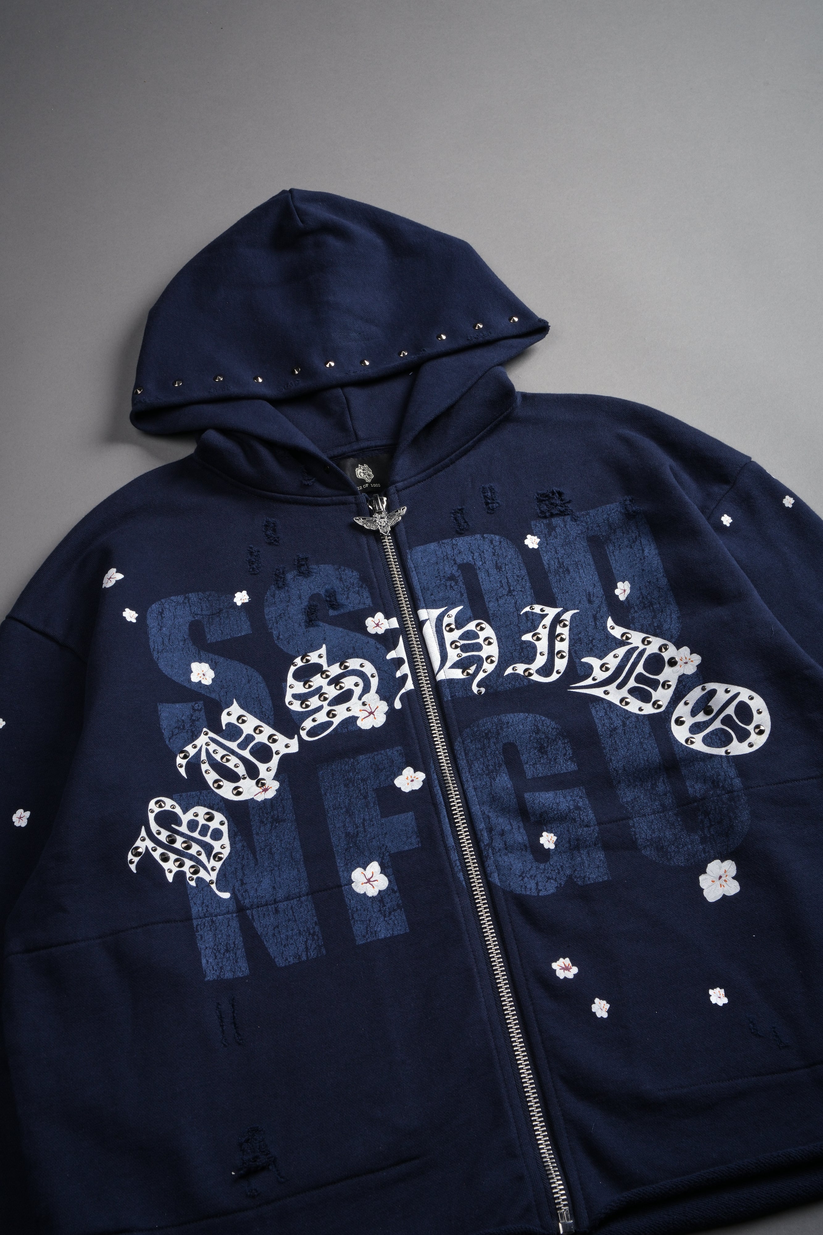 Ssddnfgu Bushido Distressed Grunge Mid Length Raw Hem Zip Hoodie in Navy