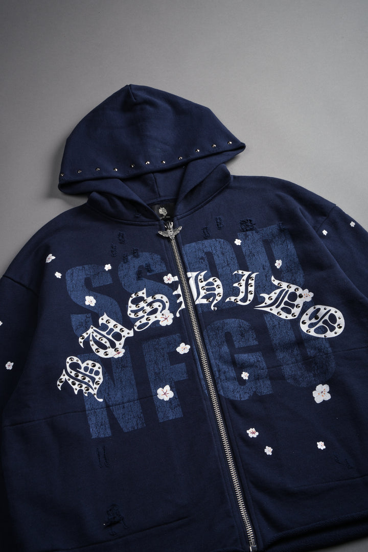 Ssddnfgu Bushido Distressed Grunge Mid Length Raw Hem Zip Hoodie in Navy