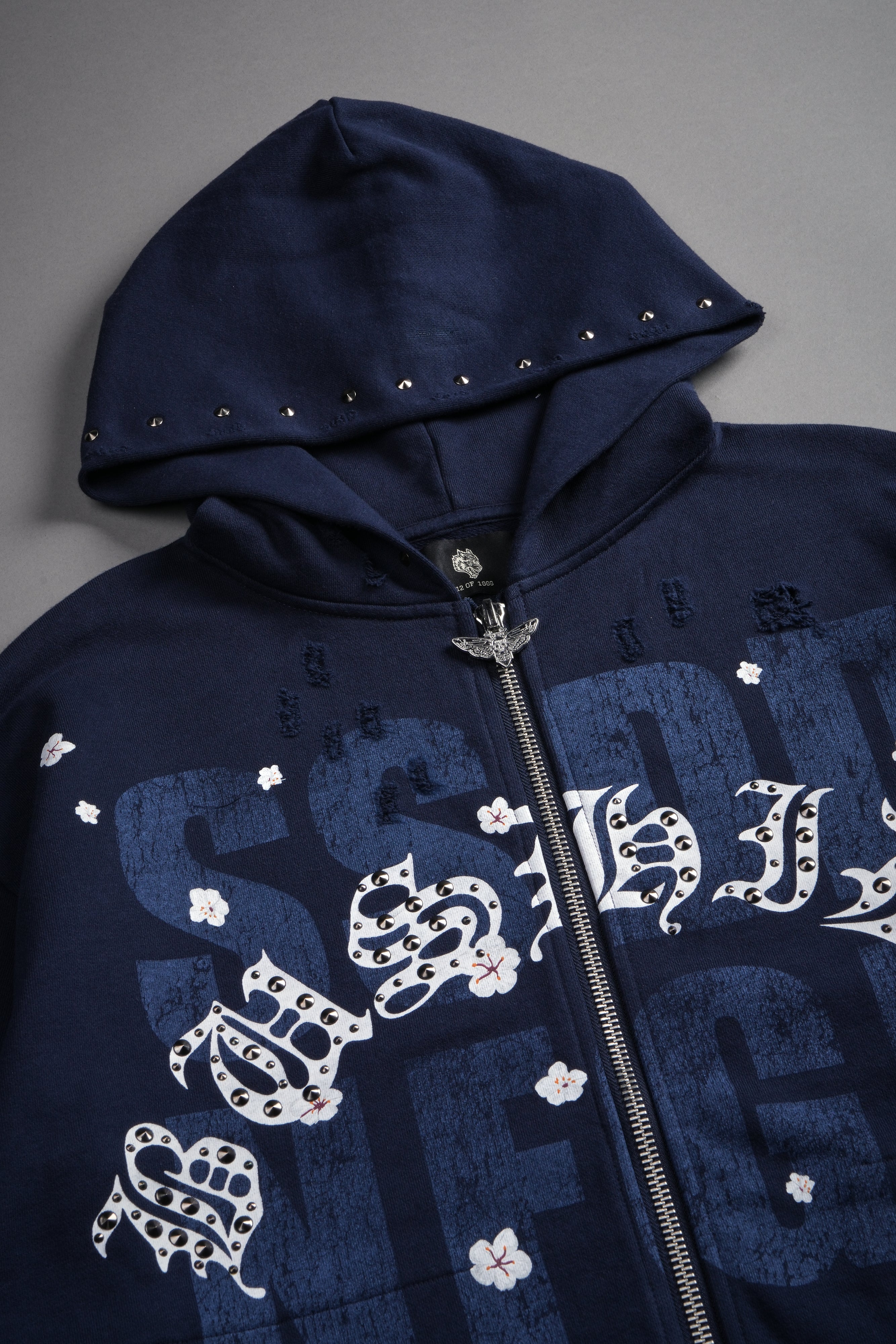 Ssddnfgu Bushido Distressed Grunge Mid Length Raw Hem Zip Hoodie in Navy