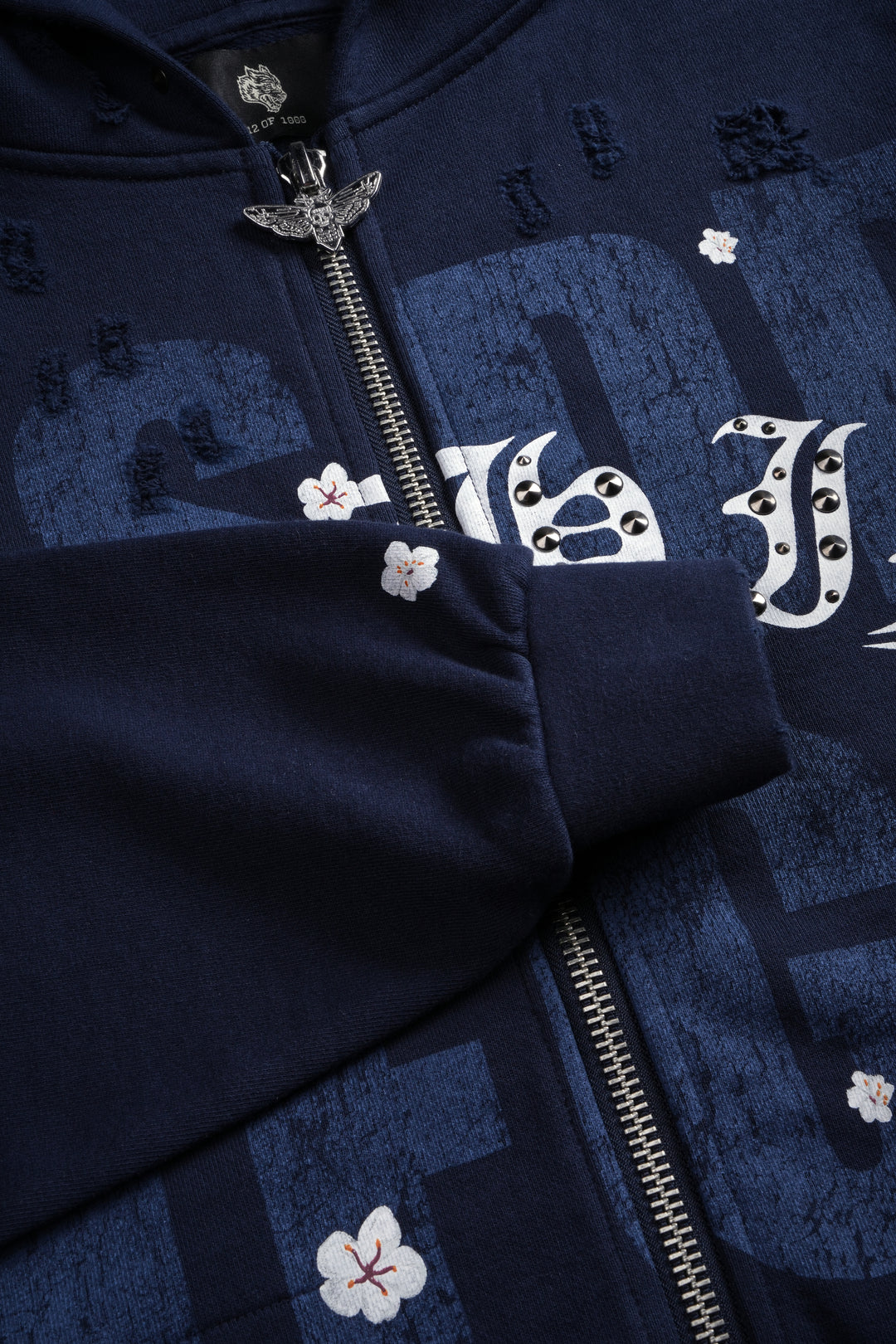 Ssddnfgu Bushido Distressed Grunge Mid Length Raw Hem Zip Hoodie in Navy