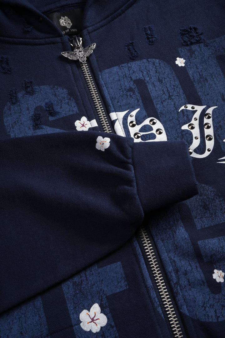 Ssddnfgu Bushido Distressed Grunge Mid Length Raw Hem Zip Hoodie in Navy