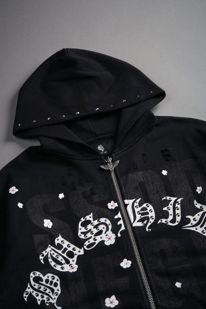 Ssddnfgu Bushido Distressed Grunge Mid Length Raw Hem Zip Hoodie in Black