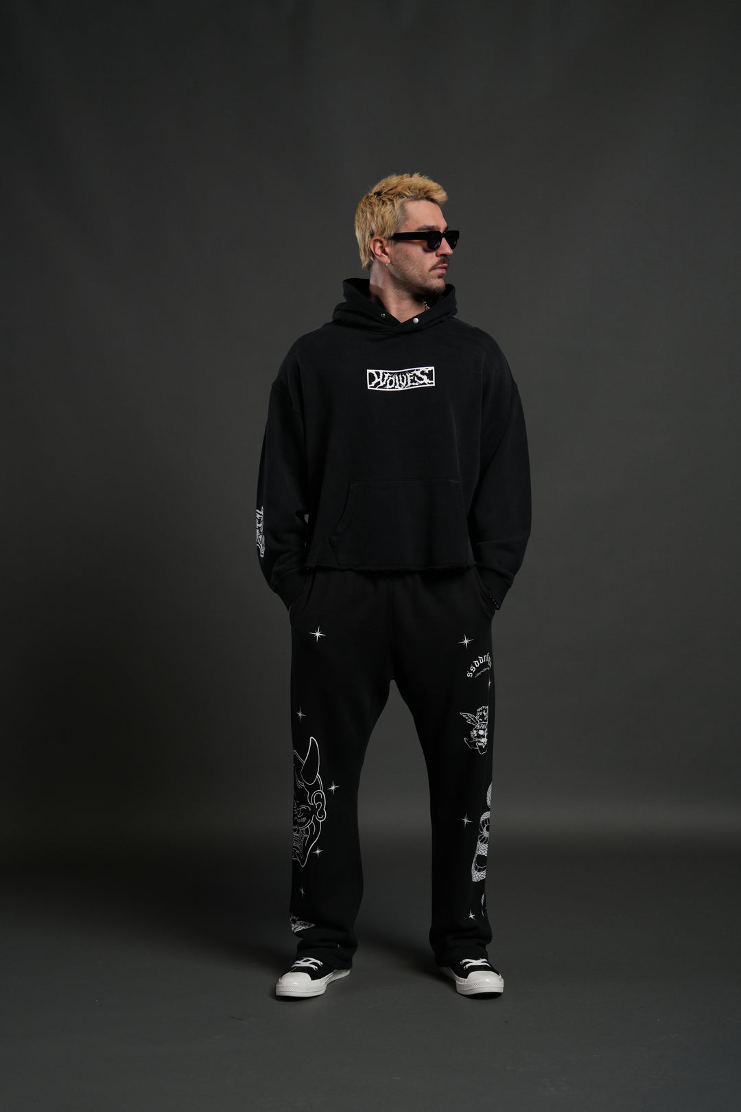 Midnight Wolves Raw Hem "Box Cut" Pierce Hoodie in Black Drift Wash