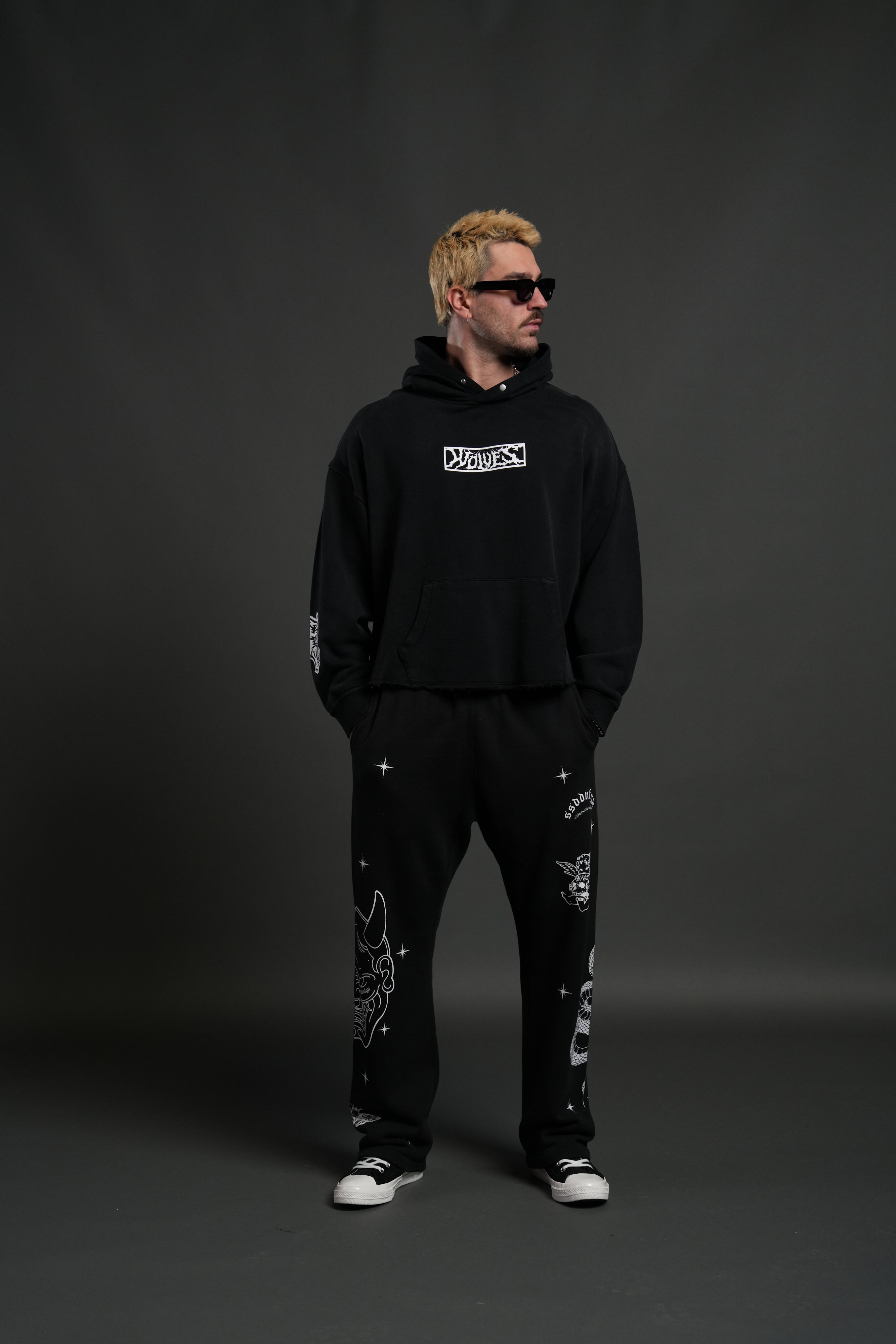 Midnight Wolves Raw Hem "Box Cut" Pierce Hoodie in Black Drift Wash