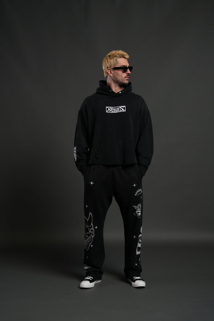 Midnight Wolves Raw Hem "Box Cut" Pierce Hoodie in Black Drift Wash