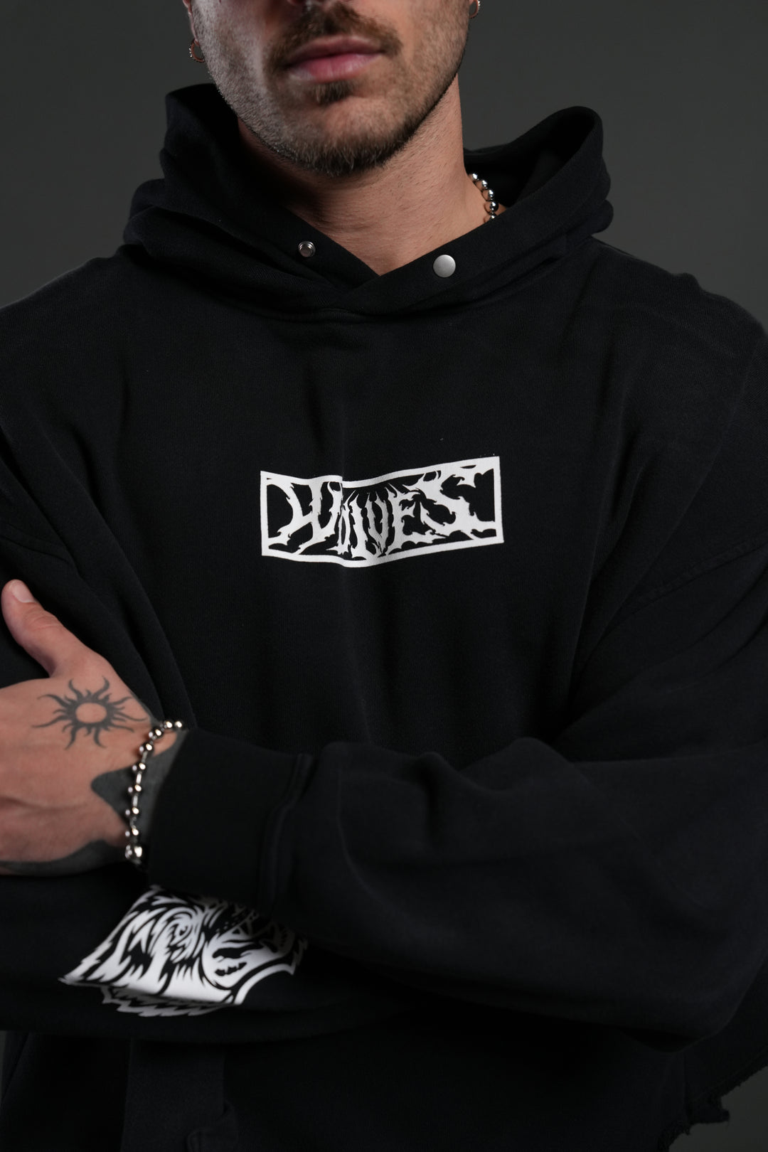 Midnight Wolves Raw Hem "Box Cut" Pierce Hoodie in Black Drift Wash
