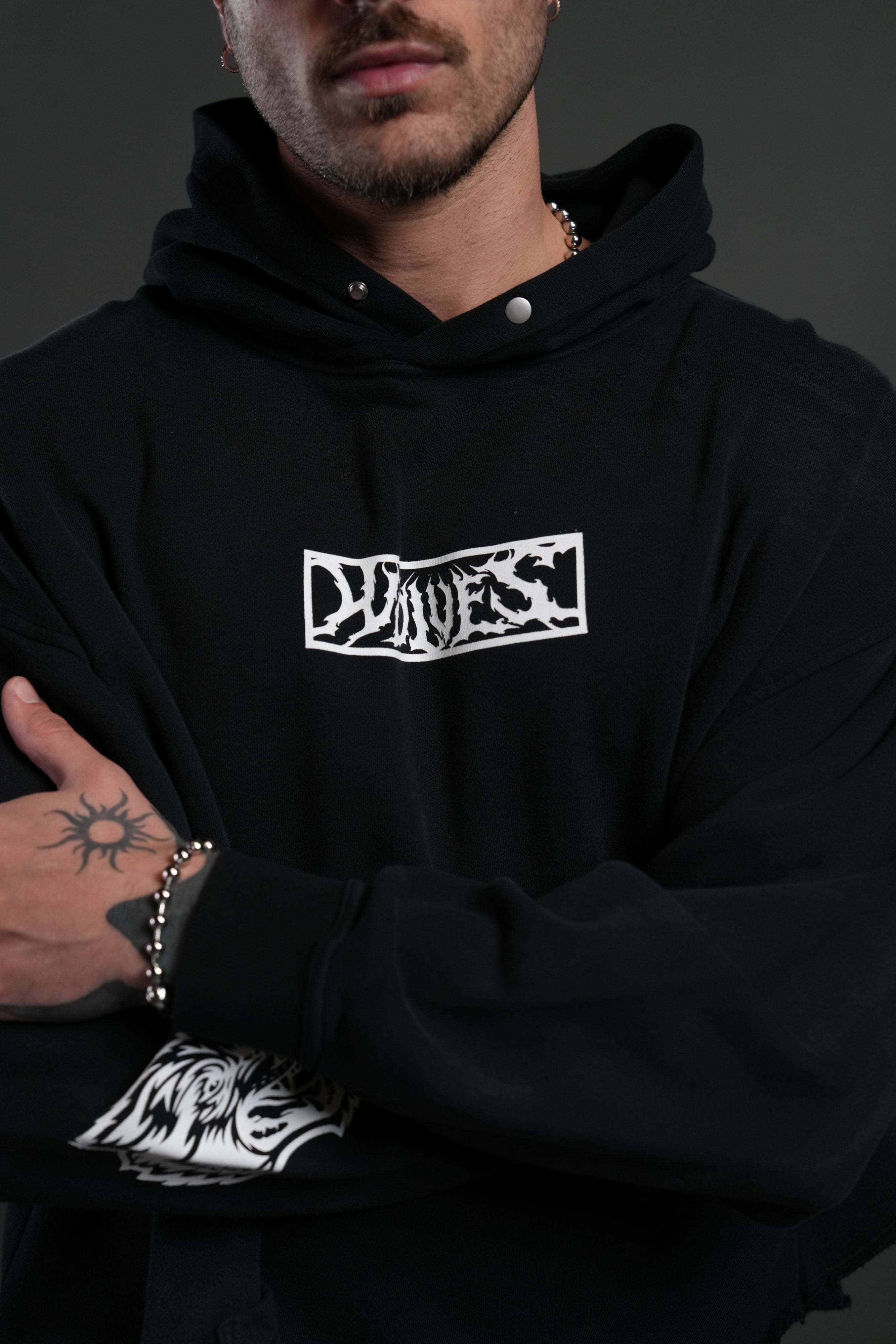 Midnight Wolves Raw Hem "Box Cut" Pierce Hoodie in Black Drift Wash