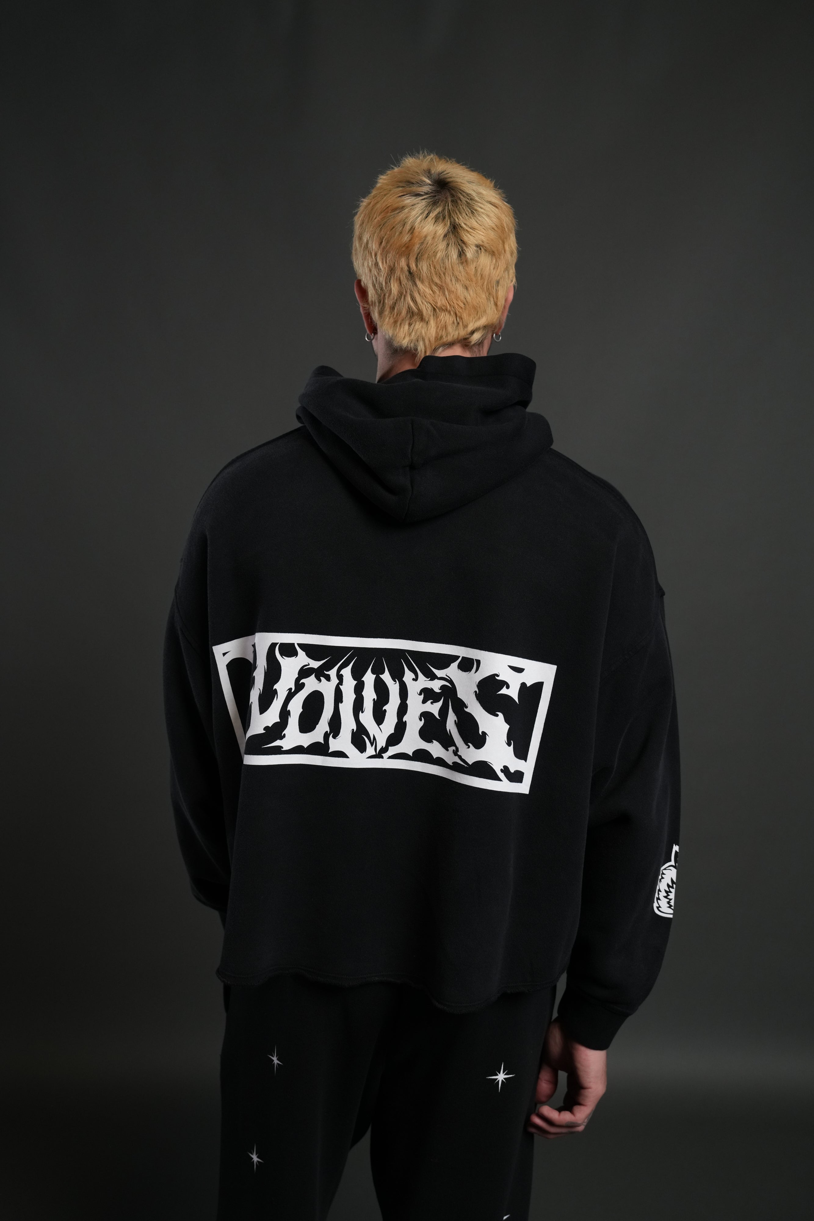 Midnight Wolves Raw Hem "Box Cut" Pierce Hoodie in Black Drift Wash