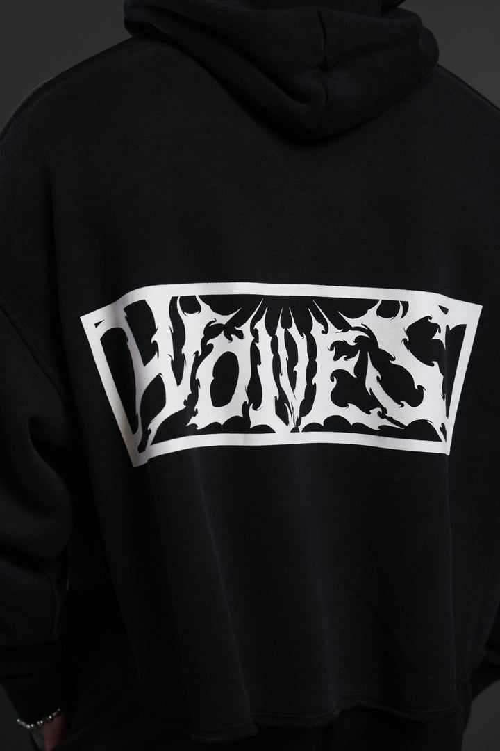 Midnight Wolves Raw Hem "Box Cut" Pierce Hoodie in Black Drift Wash