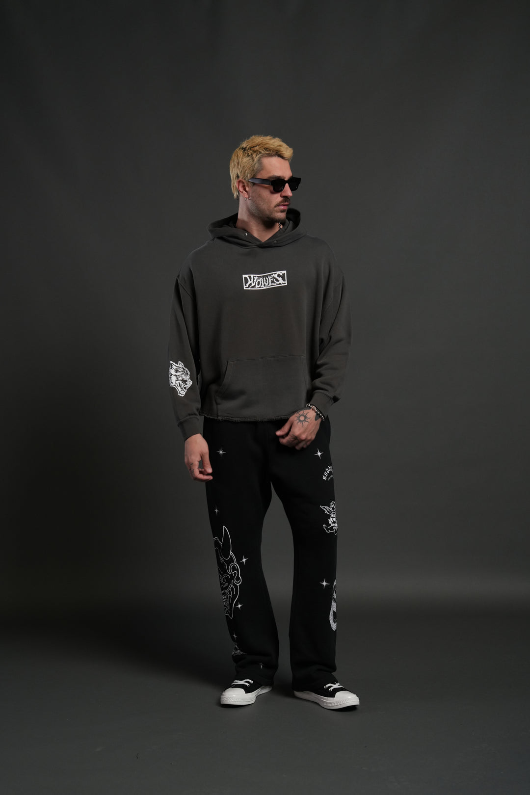 Midnight Wolves Raw Hem "Box Cut" Pierce Hoodie in Wolf Gray Drift Wash