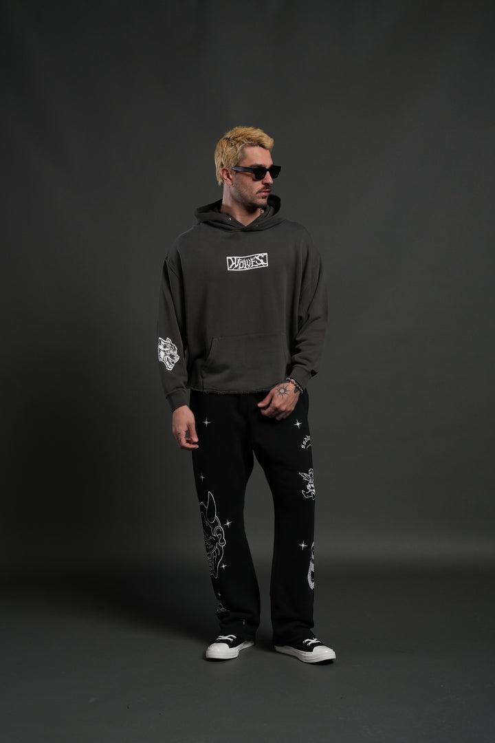 Midnight Wolves Raw Hem "Box Cut" Pierce Hoodie in Wolf Gray Drift Wash