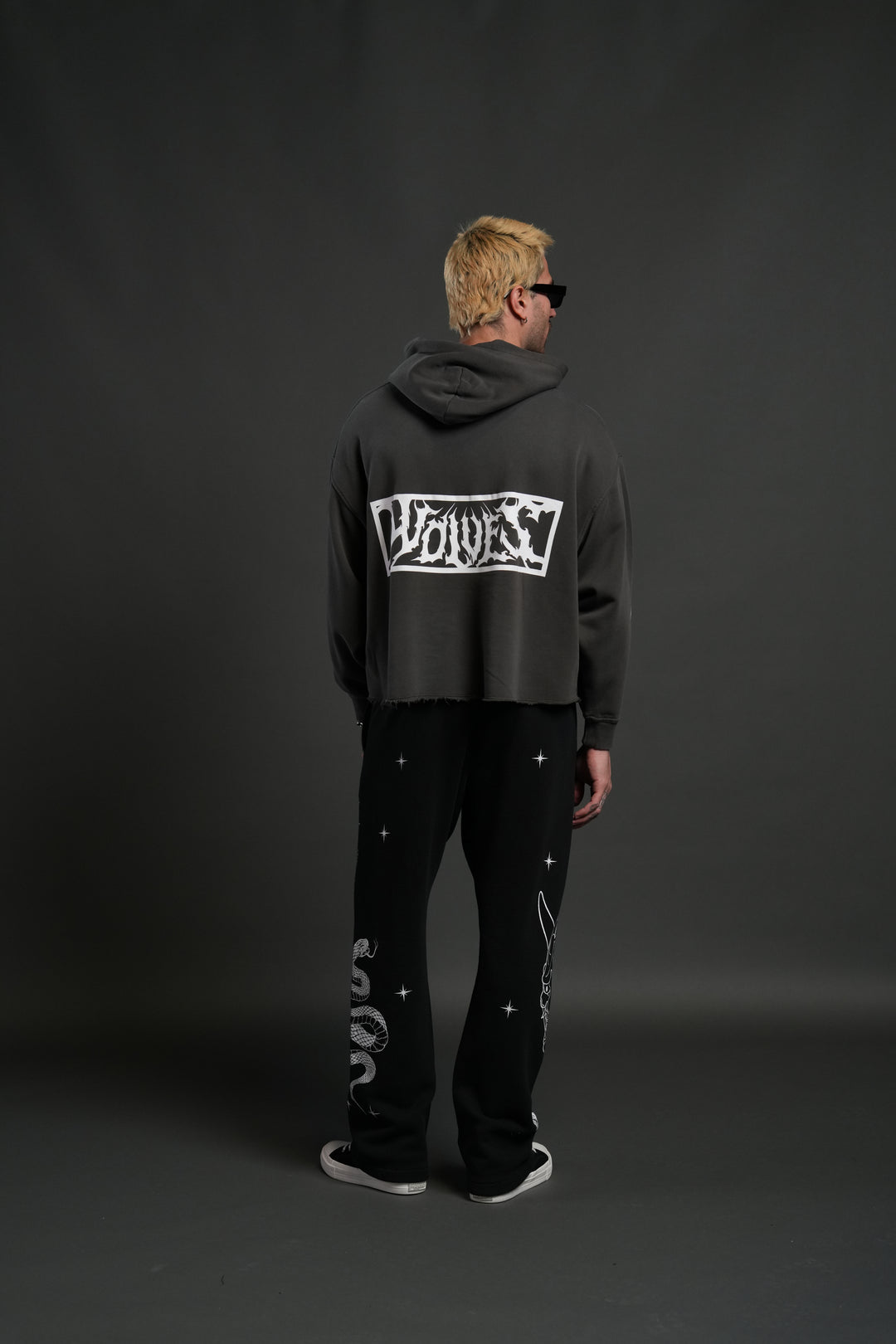 Midnight Wolves Raw Hem "Box Cut" Pierce Hoodie in Wolf Gray Drift Wash