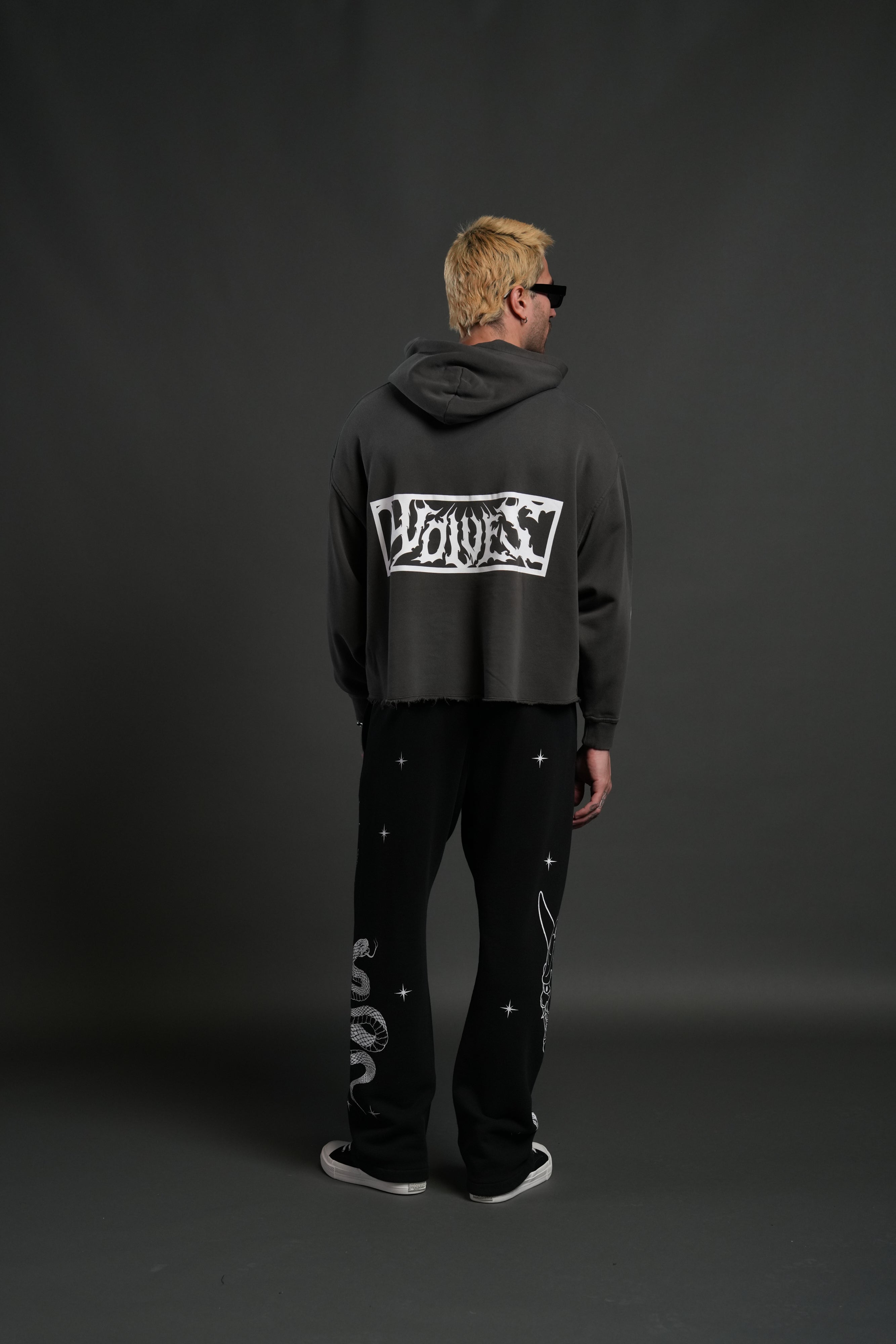 Midnight Wolves Raw Hem "Box Cut" Pierce Hoodie in Wolf Gray Drift Wash