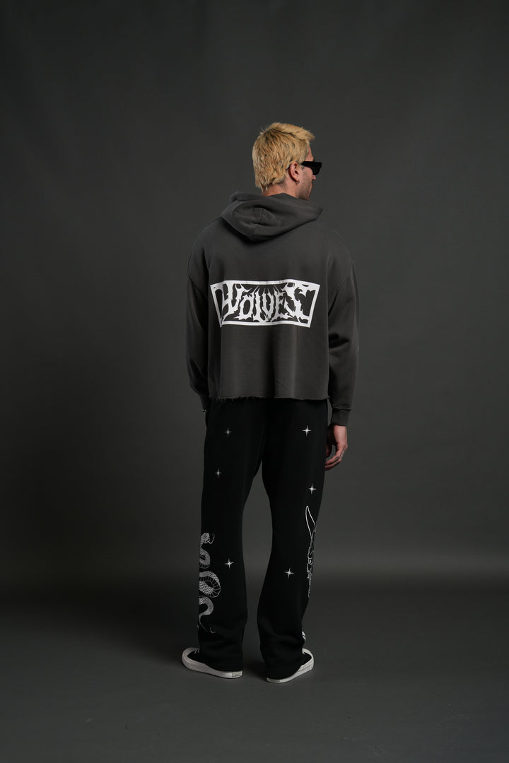 Midnight Wolves Raw Hem "Box Cut" Pierce Hoodie in Wolf Gray Drift Wash