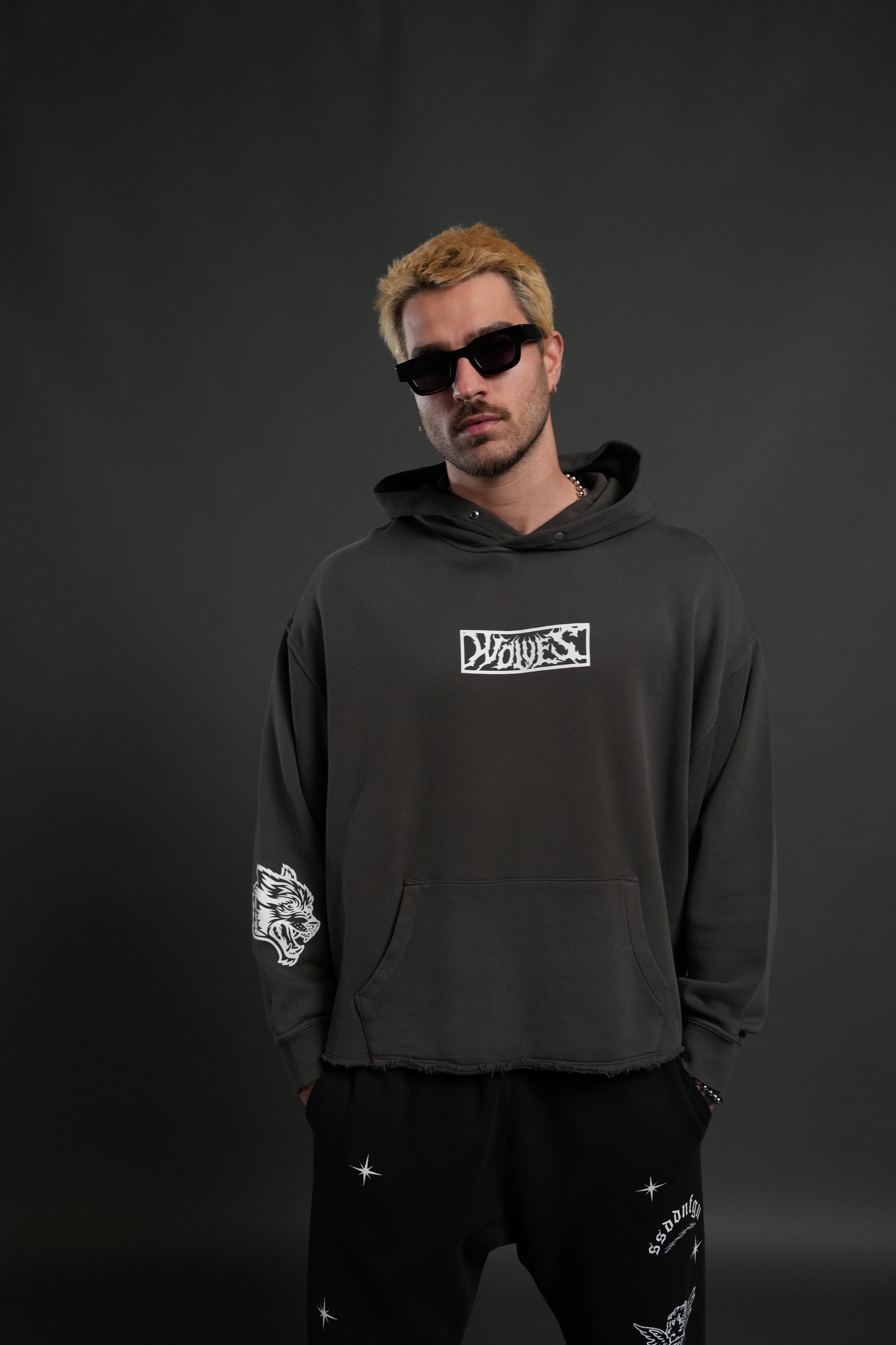 Midnight Wolves Raw Hem "Box Cut" Pierce Hoodie in Wolf Gray Drift Wash