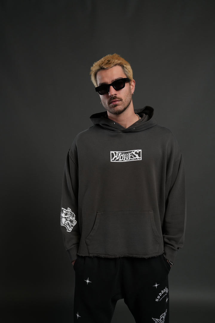 Midnight Wolves Raw Hem "Box Cut" Pierce Hoodie in Wolf Gray Drift Wash