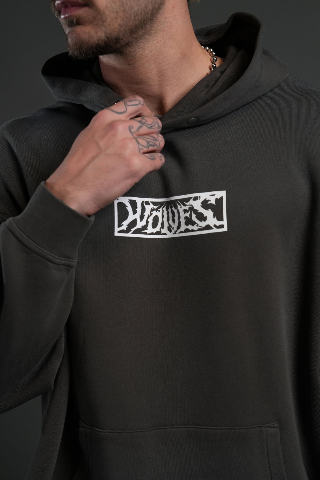 Midnight Wolves Raw Hem "Box Cut" Pierce Hoodie in Wolf Gray Drift Wash