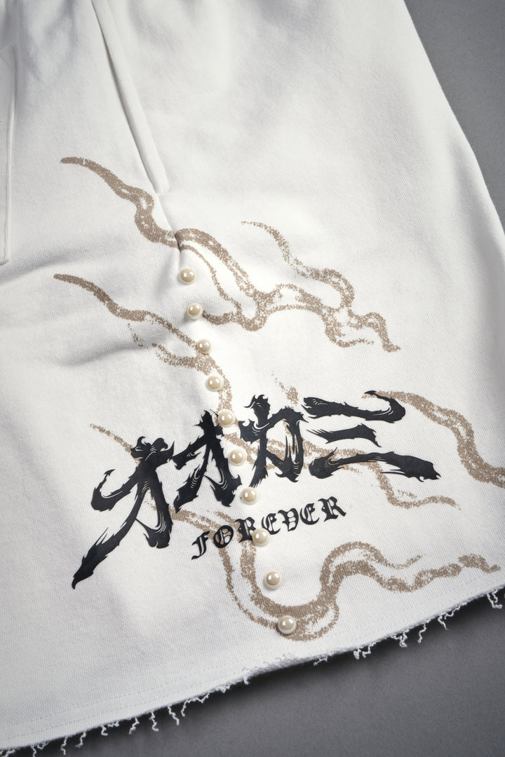Kokuryu Grunge Oversized Raw Hem Post Lounge Sweat Shorts in Cream