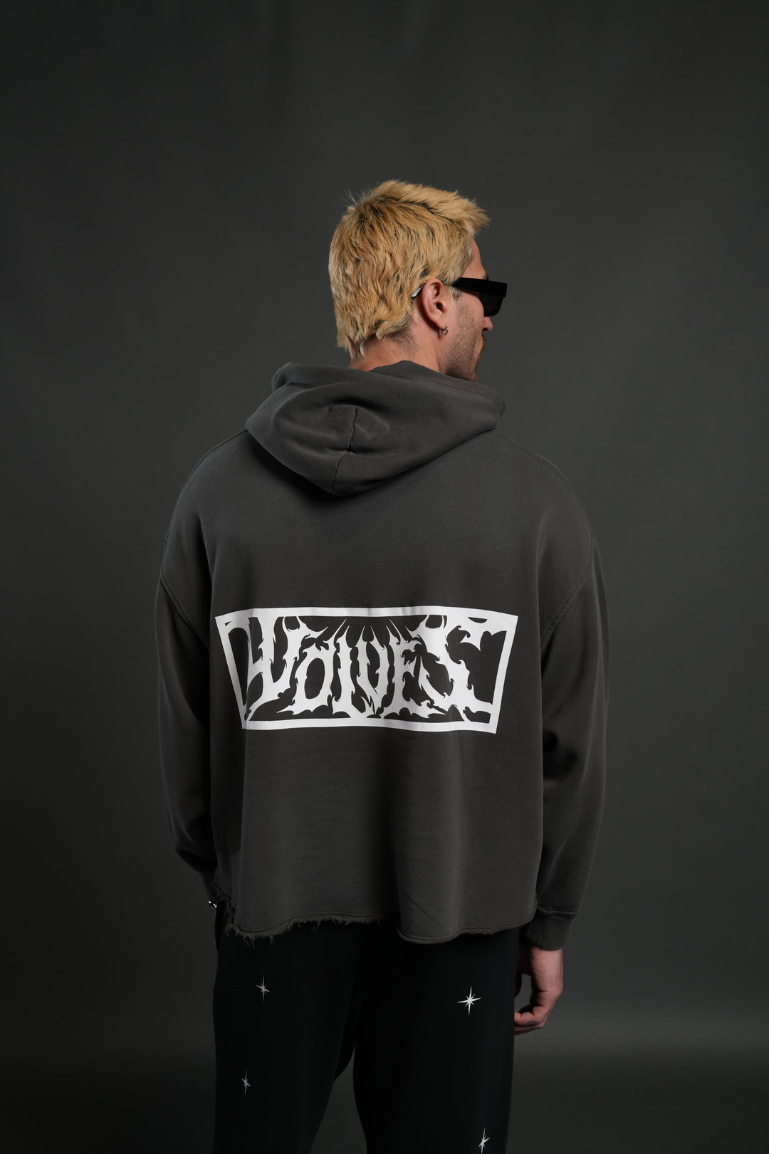 Midnight Wolves Raw Hem "Box Cut" Pierce Hoodie in Wolf Gray Drift Wash