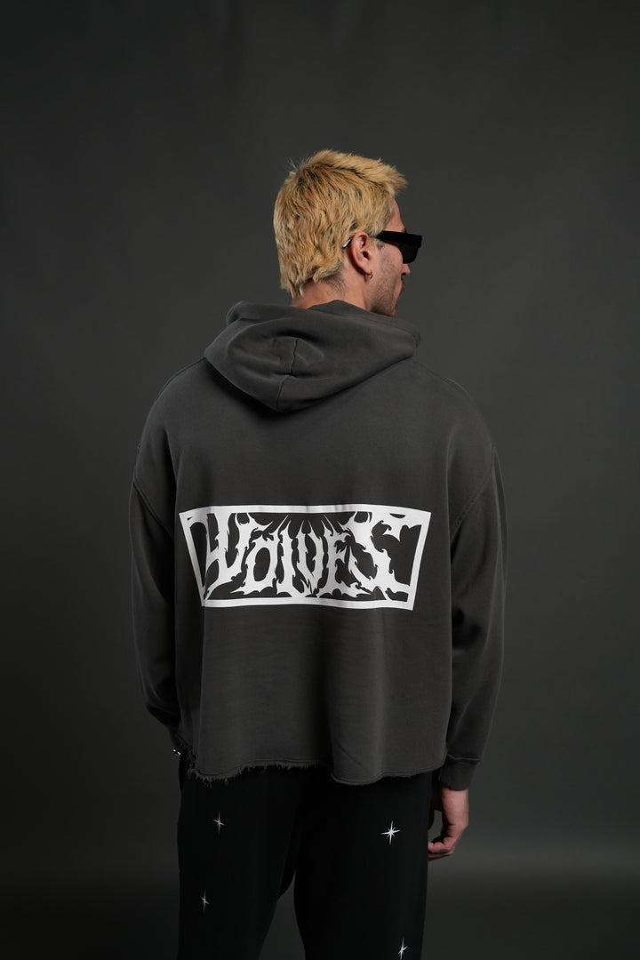 Midnight Wolves Raw Hem "Box Cut" Pierce Hoodie in Wolf Gray Drift Wash