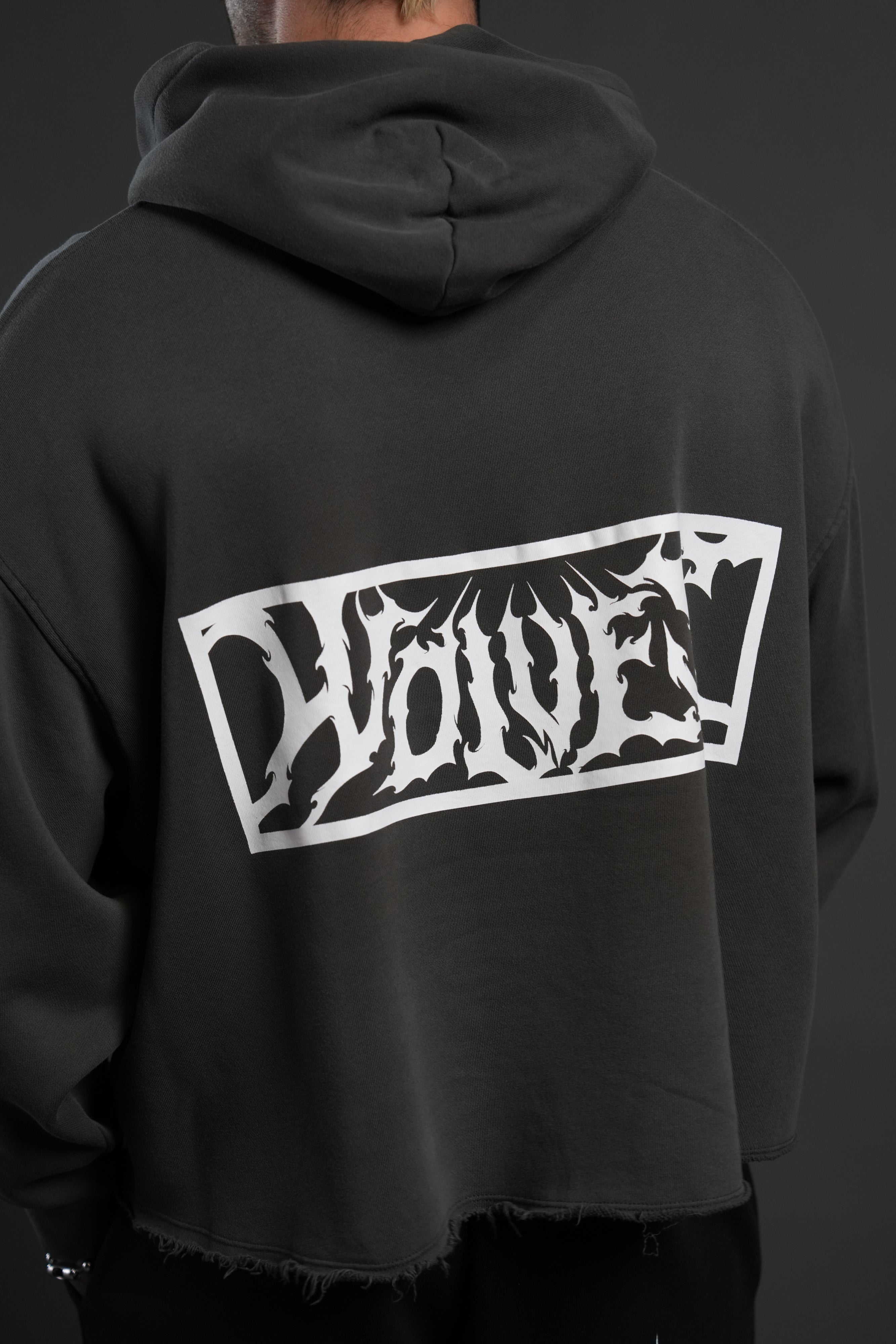 Midnight Wolves Raw Hem "Box Cut" Pierce Hoodie in Wolf Gray Drift Wash