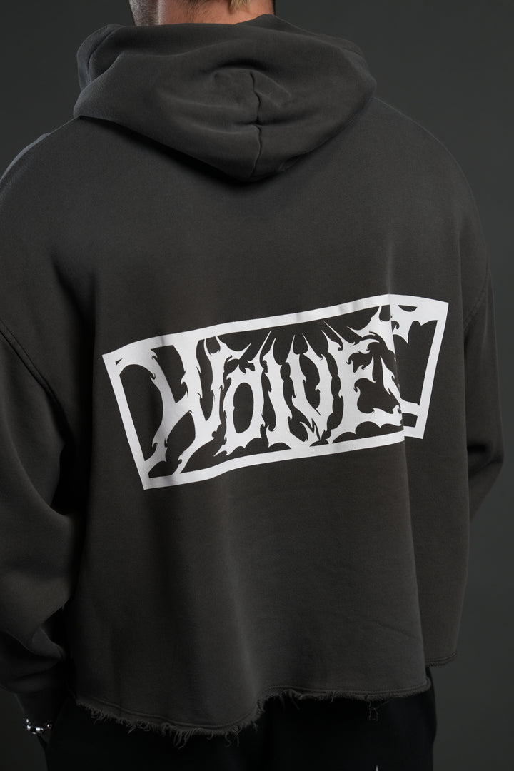 Midnight Wolves Raw Hem "Box Cut" Pierce Hoodie in Wolf Gray Drift Wash