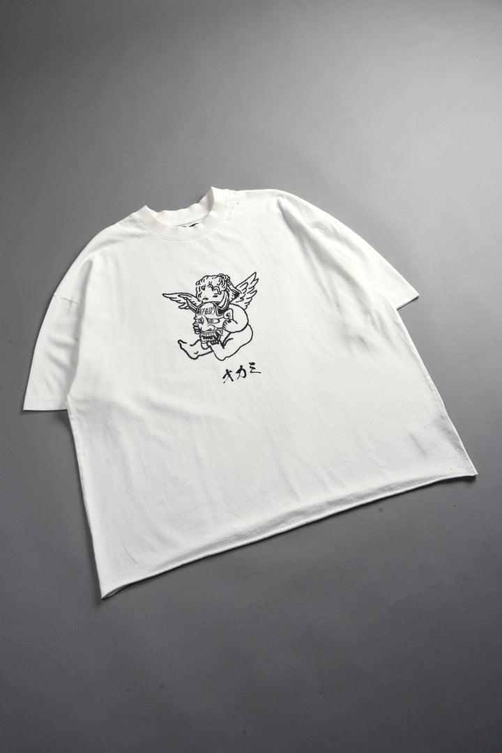 Oni Cherub Distressed Grunge Mid Length Raw Hem Tee in Cream